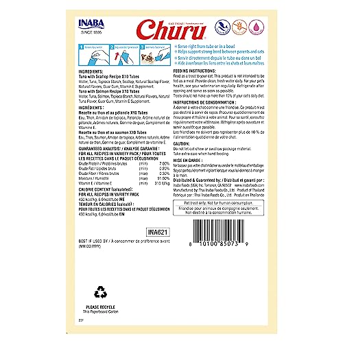 INABA Churu Cat Treats, Lickable Purée Treat/Topper with Vitamin E, 10 Tuna with Scallop, 10 Tuna with Salmon