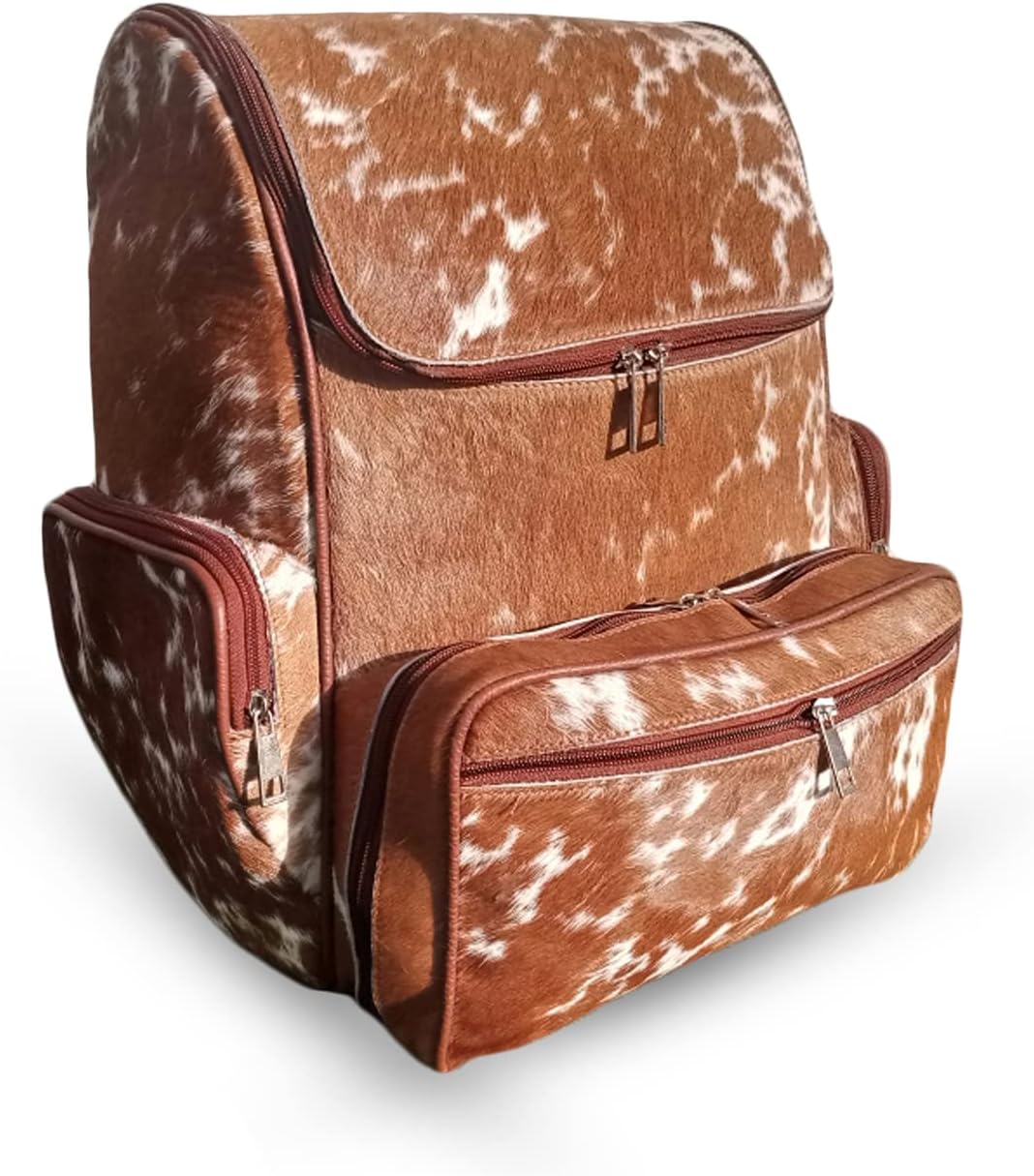 Real Cowhide Backpack Bag Cowhide Diaper Bag Travel Daypack Bag Hold all Backpack Multi Pockets | Brown and White Backpack Bag
