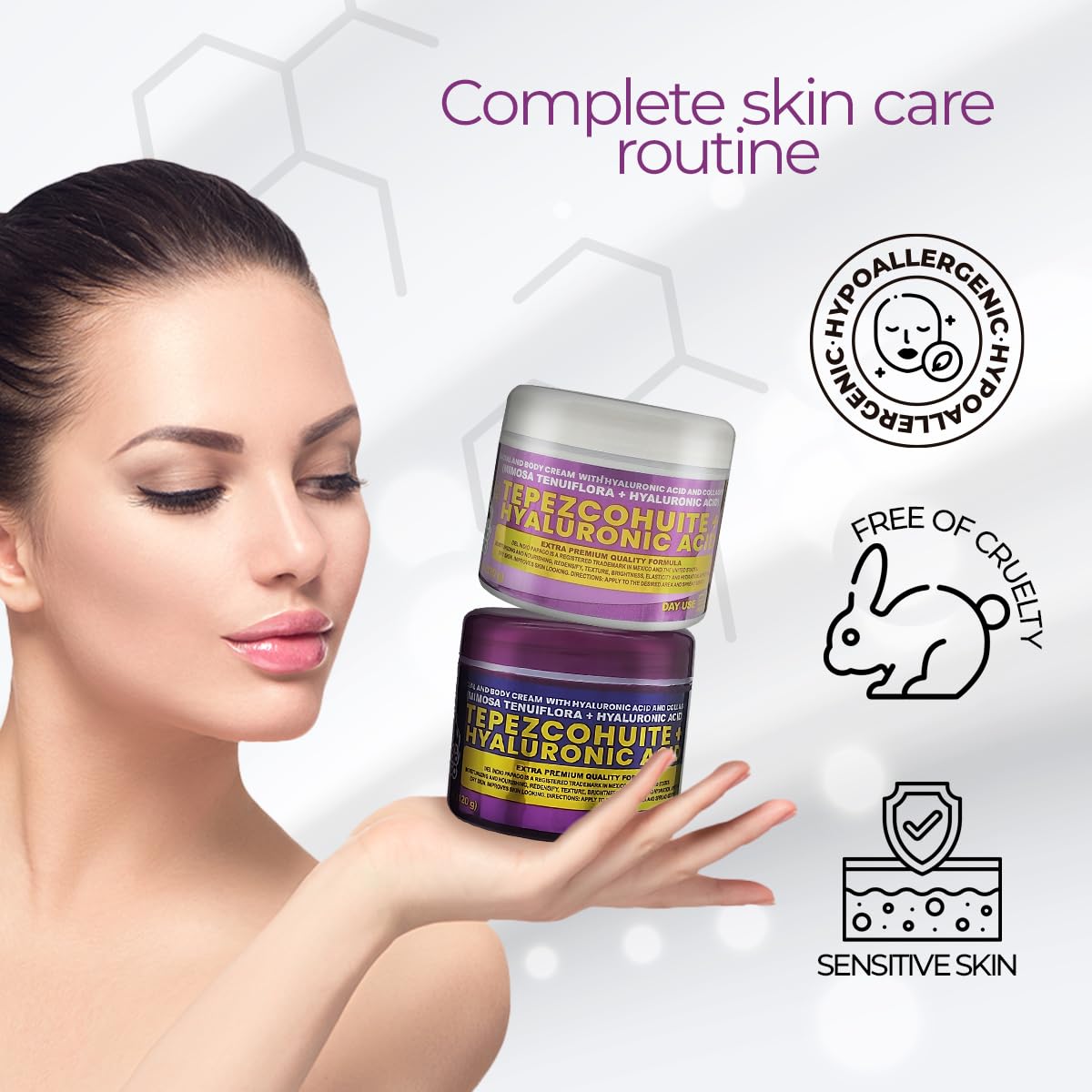 Tepezcohuite + Hyaluronic Acid Day and Night Face Creams JUMBO SIZE COMBO - Extra Premium Quality Formulas, Day Cream