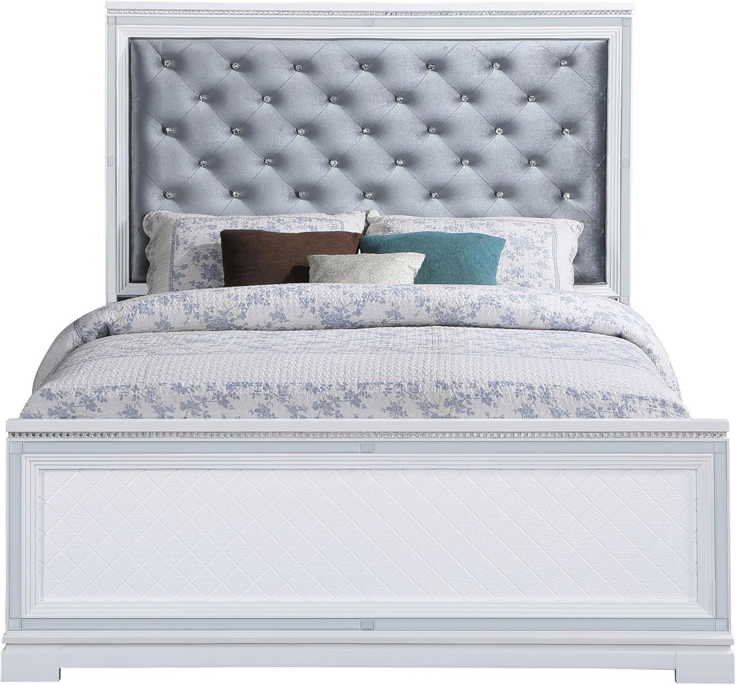 Benjara Axl Foam King Bed, Tufted Headboard, Velvet Upholstery, Frame, Silver and White