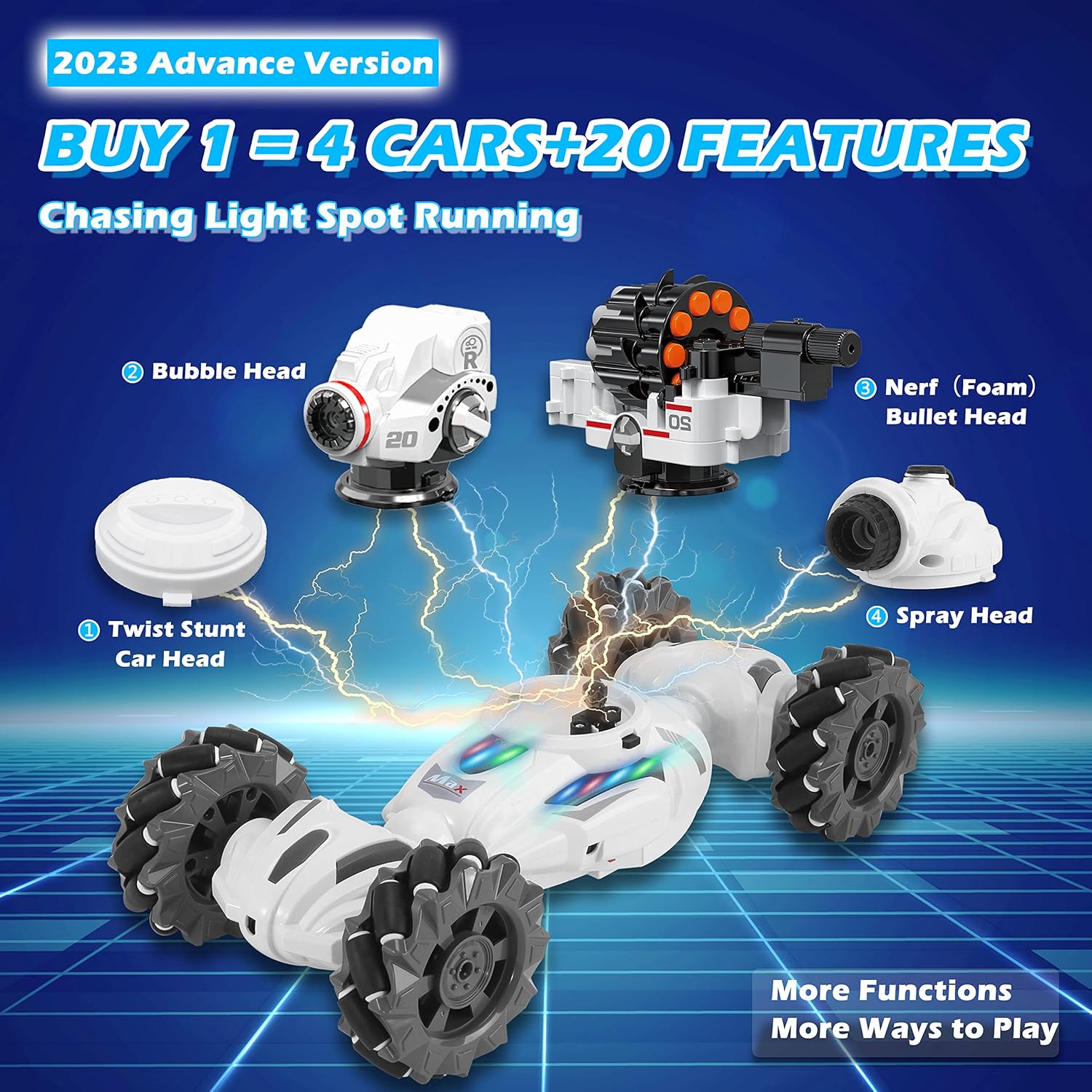 4 Head RC Tank Cars That Shoots Nerf Bullets, Bubble, Spray, Nerf Tank Remote Control Car for Boys 6 7 8 9 10 11 12 Year Old, RC Stunt Car Chase Light Control, LED Light, Music, Kids Toy Gift