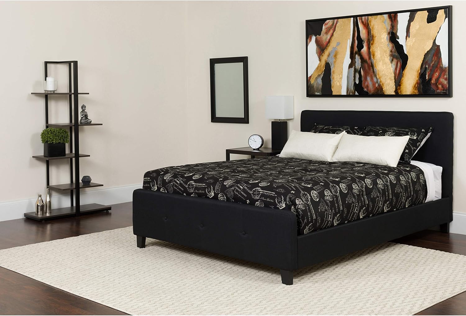 Flash Furniture Tribeca Queen Size Tufted Upholstered Platform Bed in Black Fabric with Memory Foam Mattress