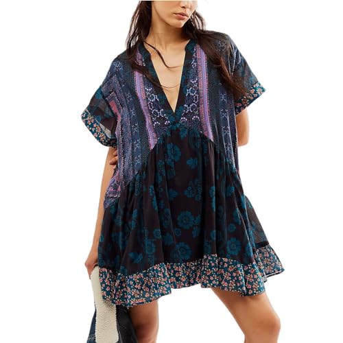 Women Bohemian Floral Mini Dress Boho Puff Sleeve V Neck Dress 2024 Summer Beach Short Dress Maxi Dresses Women