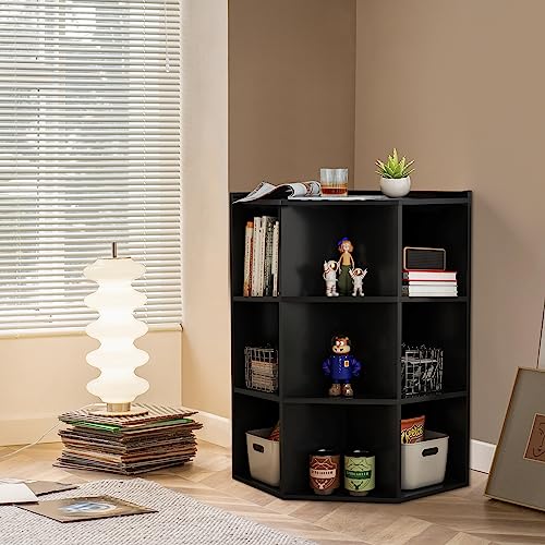 AVZEAR Corner Cabinet, Corner Storage Cabinet with USB Ports and Outlets, Corner Toy Storage for Small Space, Multipurpose Triangle Design with 9 Cubes for Playroom, Living Room, Black