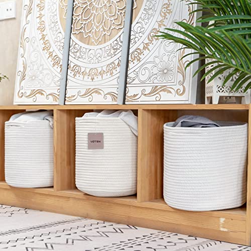 voten Cotton Rope Storage Bin,Storage Cubes 13x13’’ for Cube Shelves Organzier,Multi-use Woven Storage Basket for Organizing,Cube Storage Bin 13x13’’ for Closet,Toys,3Pack Round Off White/Camel