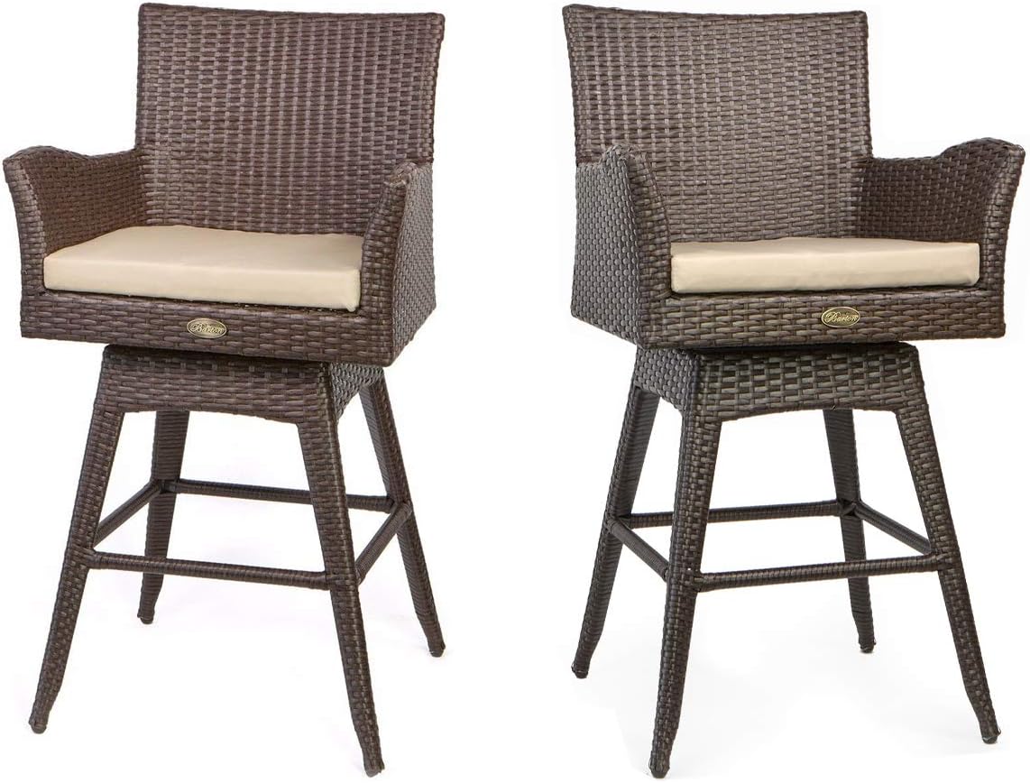 Barton 2 Pieces Swivel Bar Stool w/Foot Rest Weather Resistant Fabric Cushion Outdoor Patio Furniture Wicker Rattan