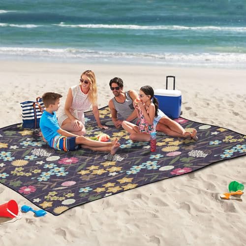 Colorful Flowers Extra Large Picnic Outdoor Blanket, Foldable Beach Blanket Waterproof Sandproof Camping Mat for Family Travel Park Wet Grass Hiking Yoga, 60 x 80 Inch