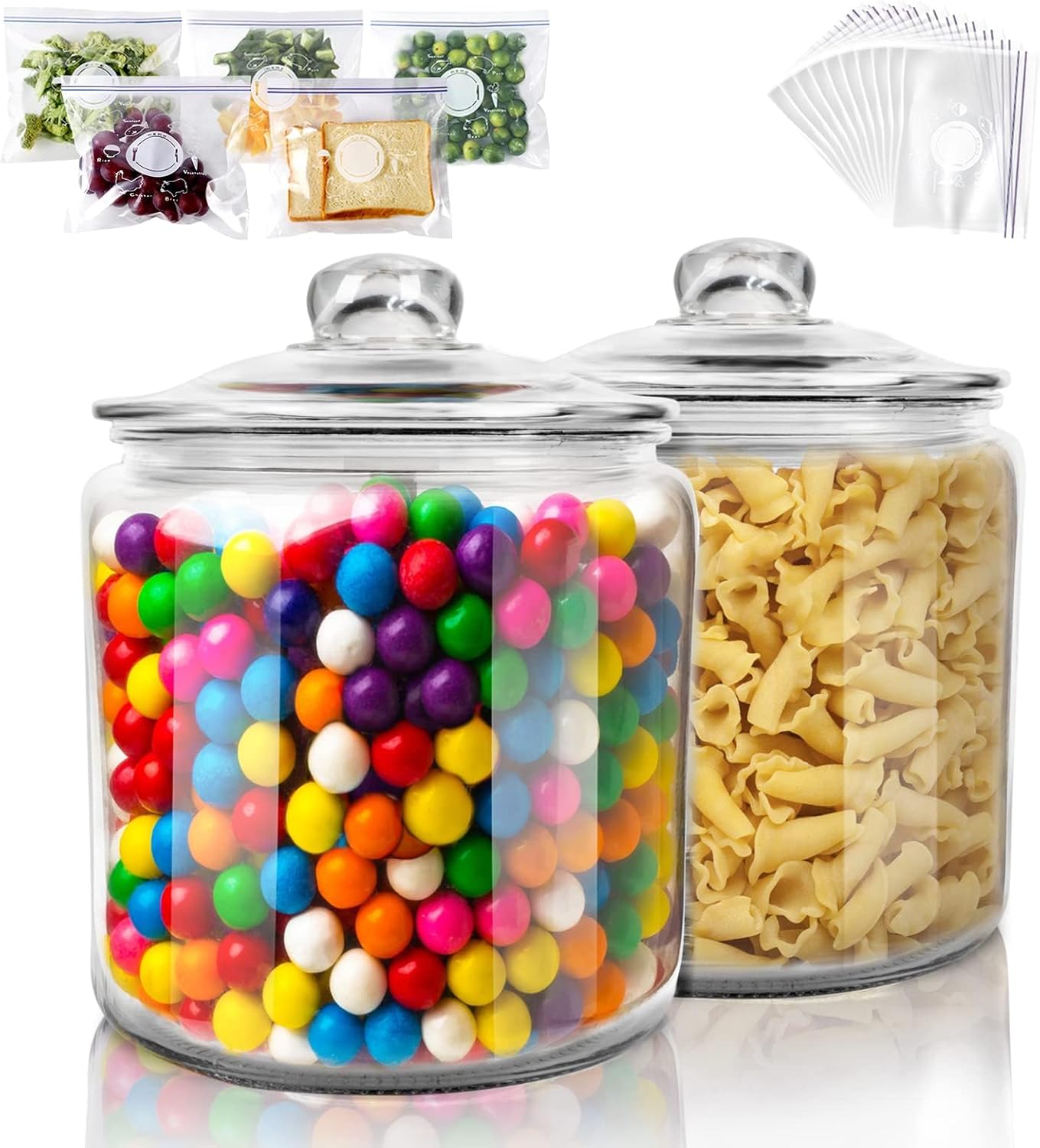 Masthome 1 Gallon Glass Storage Jars Set of 2,Airtight Cookie Jar for Flour Sugar Coffee,Clear Food Storage Canisters with Lids for Kitchen Counter Pantry Well Organization(15 pcs Food Storage Bag)
