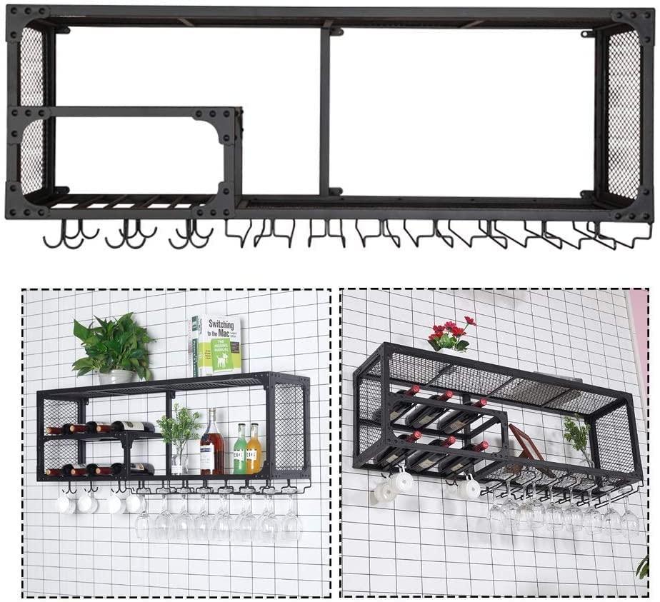 Wall Mounted Wine Bottle Hanging Glass Holder,Metal Grid High Capacity Wine Cabinet, Wall Wine Stemware let Racks, Bar Counter Wine Storage Holder -Black The New Fashionable