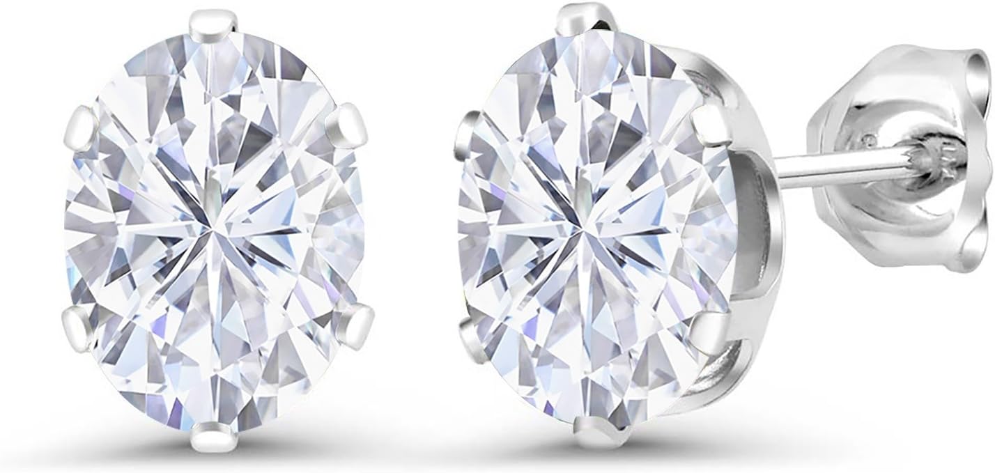 925 Sterling Silver White Moissanite from Charles & Colvard 6-Prongs Stud Earrings For Women (3.00 Cttw, Gemstone Birthstone, Oval 8X6MM)