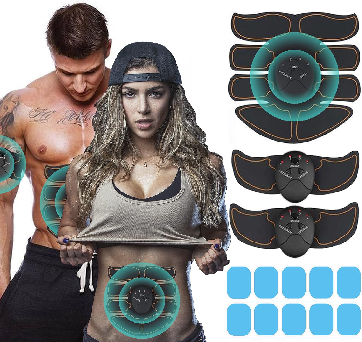 Abs Stimulator Abdominal Intelligent Muscle Toner Training Device 10 Extra Gel Pads Portable Fitness Workout Equipment for Men Women Home Office Equipment (Black)