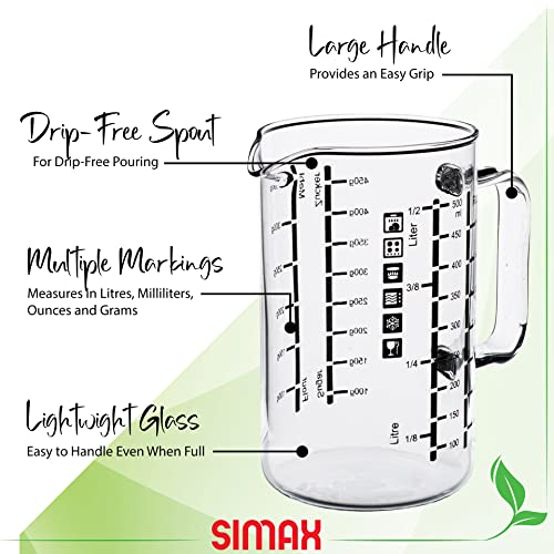 Simax Glass Measuring Cup | Durable Borosilicate Glass, Easy to Read Metric Measurements- Liter, Milliliter, Ounce, Sugar Grams, Flour Grams, Drip Free Spout, Microwave and Dishwasher Safe (16-Ounce)