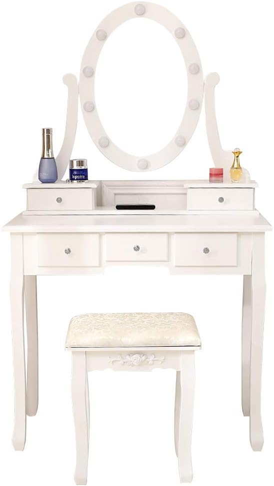 10X Light Bulbs Vanity Mirror Desk with Drawers, Single Mirror 5 Storage Drawer Dressing Table White Makeup Desk with Power Outlet for Bedroom