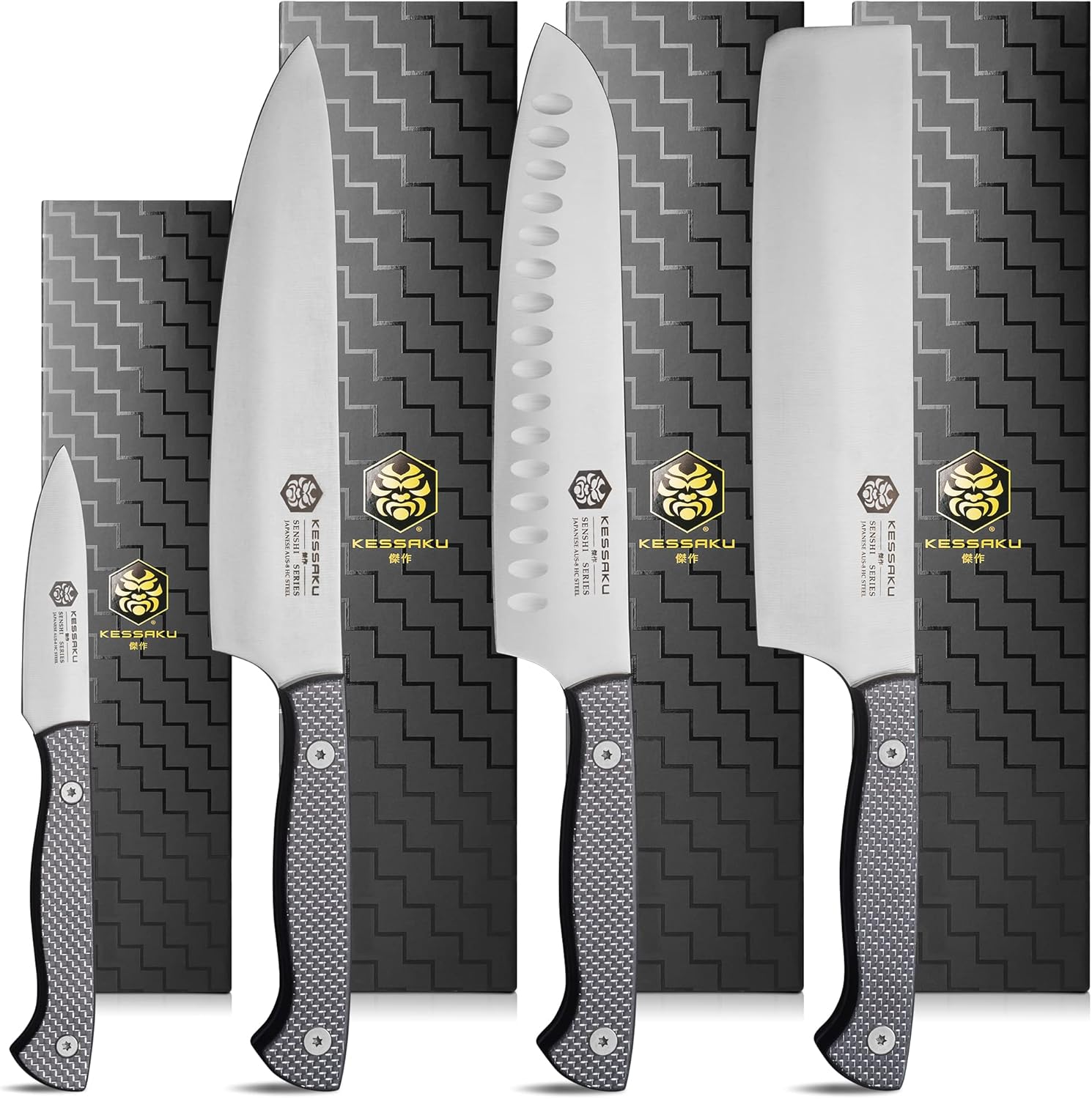 8-Inch Chef, 8-Inch Santoku, 8-Inch Nakiri, 3.5-Inch Paring - Senshi Series Knife Set - Forged High Carbon Japanese AUS-8 Stainless Steel - Carbon Fiber G10 Handle with Blade Guards