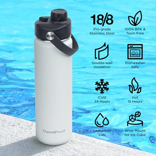 ThermoProof Hot & Cold Insulated Stainless Steel Water Bottle, Durable Leak Proof Gym Bottles for Men, Women & Kids, Double Walled Vacuum Bottles - 2 Lids (Blue, 22oz)
