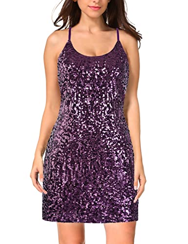 MANER Women's Glitter Sequin Dress Adjustable Spaghetti Strap Sparkle Party Dresses