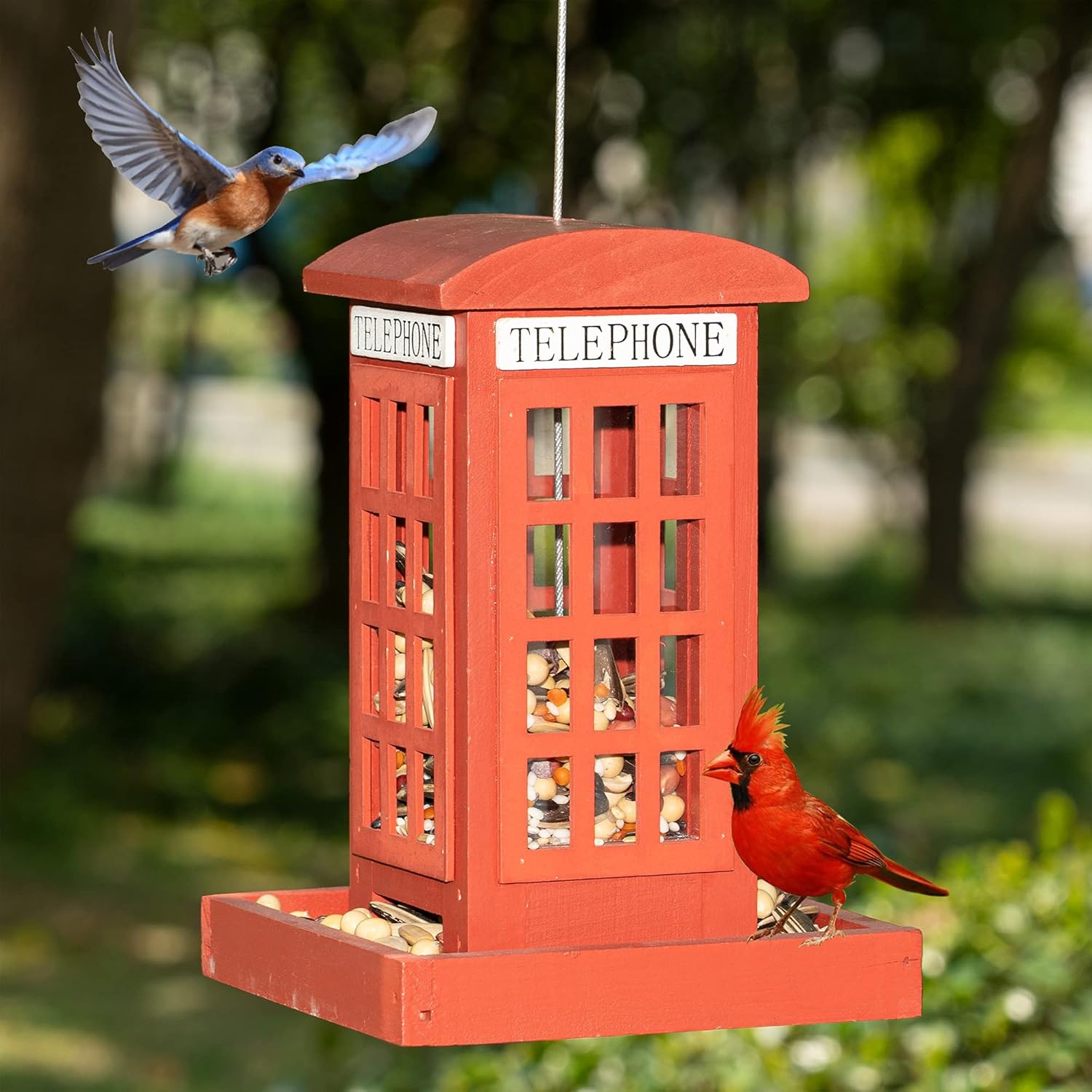NEROSUN Wooden Hanging Wild Bird Feeders for Outside, Red British Phone Booth Bird Feeder for Yard, Garden and Lawn Decorations