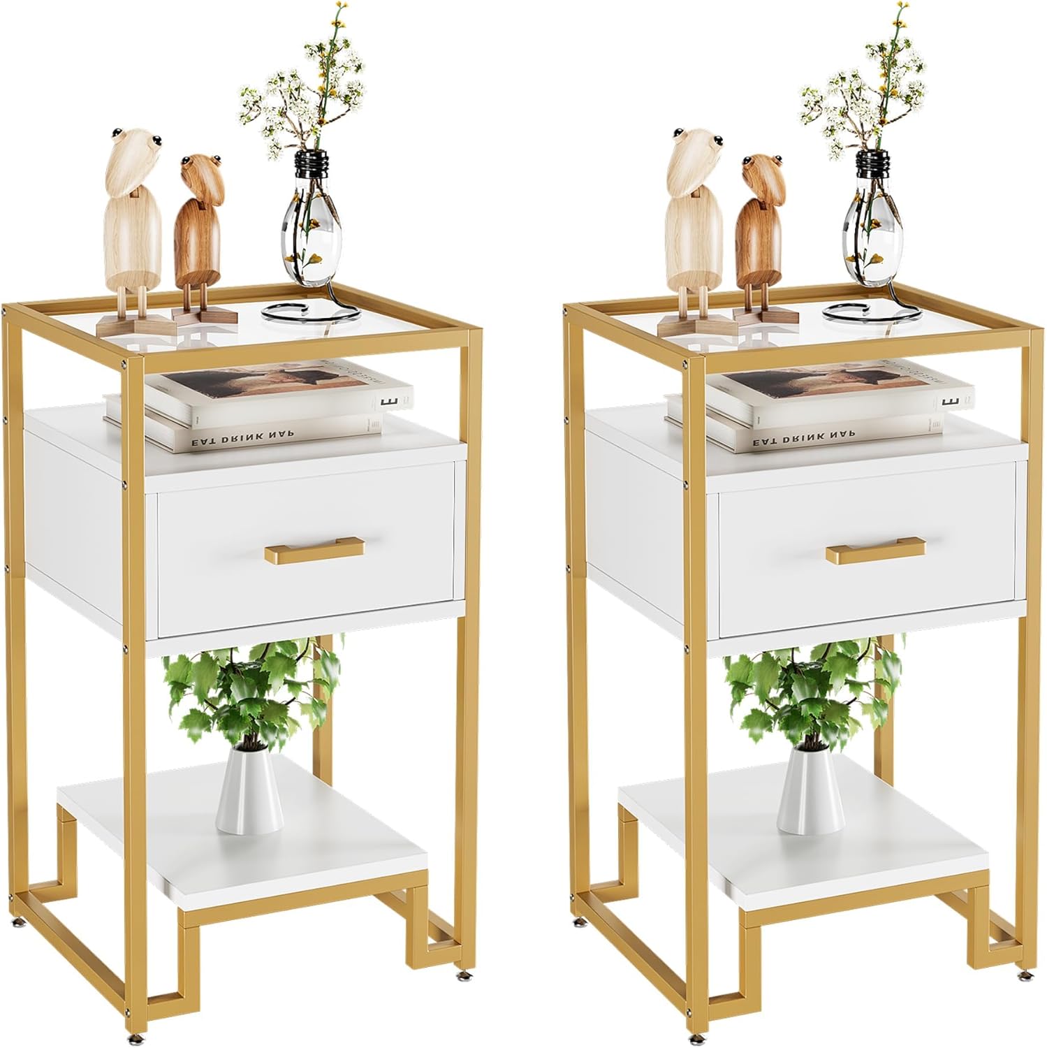 White and Gold Nightstand Set of 2, Mid Century Modern End Table with 3-Tier Storage & Tempered Glass Top and Storage Drawer, Bedside Furniture with Steel Frame Easy Assembly