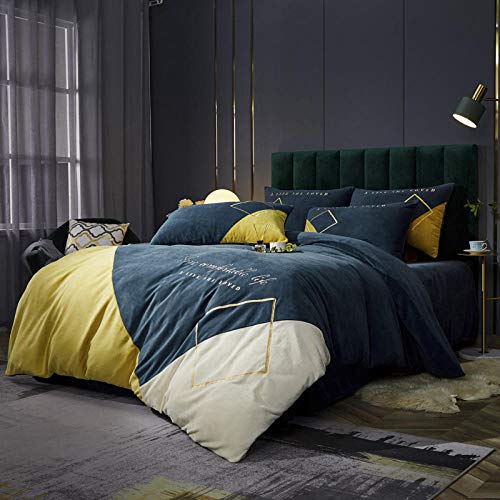 Magic Velvet Fleece Bedding Set,2020 New Solid Color Stitching Milk Velvet French Velvet Crystal Men Embroidery Four-Piece Four-Piece Embroidery-Fashion Beat-Khaki Red_2.0m (6.6 feet) Bed