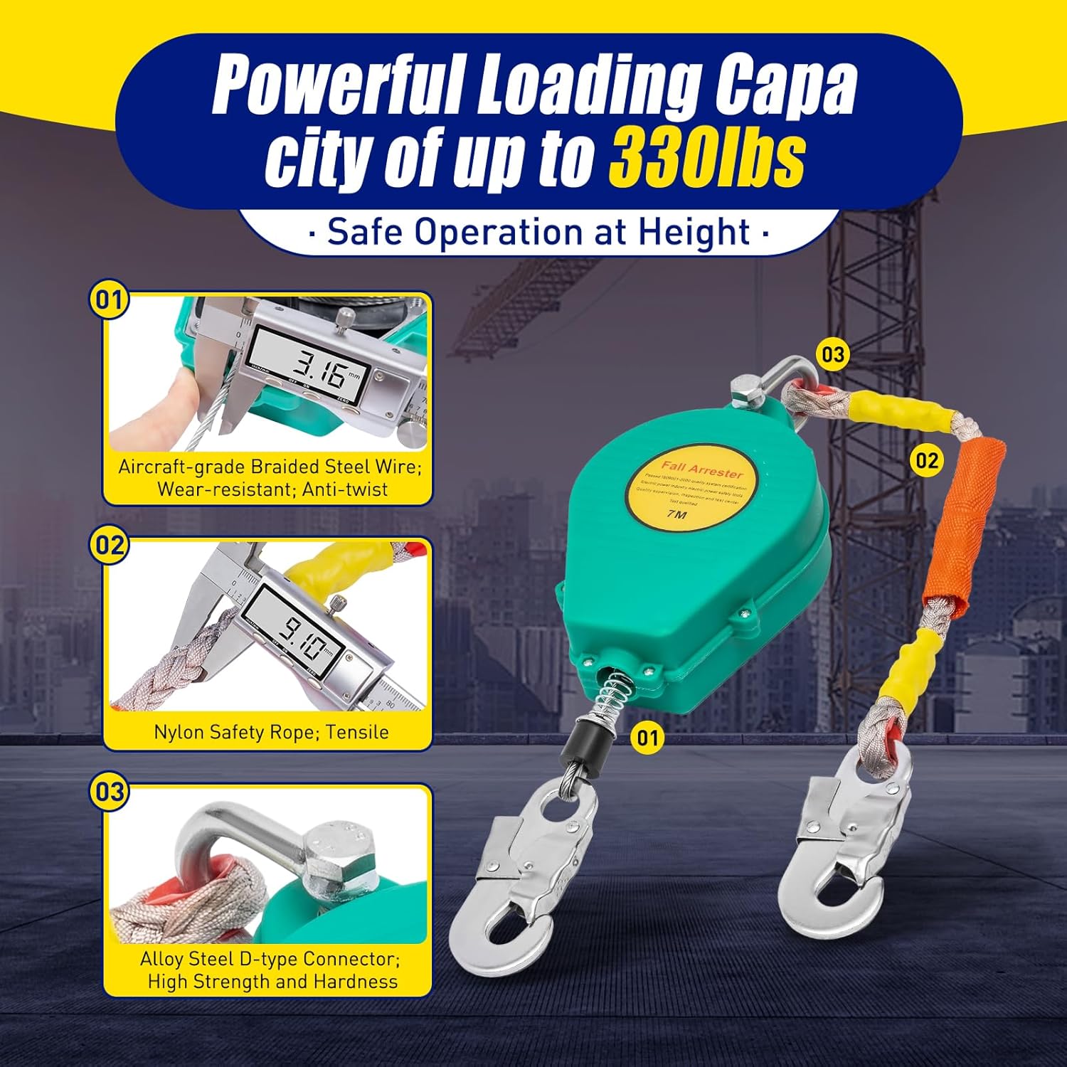 Self Retracting Lifeline, 23ft Portable Self Retracting Lifeline Fall Restraint Device, Fall Arrester Fall Protection with Alloy Steel Hook & Steel Wire Rope, Safety Harness for Rock Climbing Sites