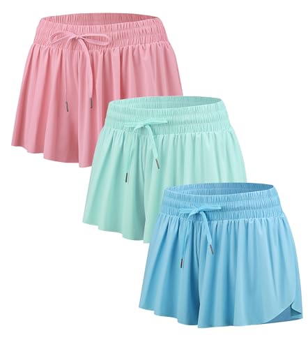 Yknktstc 3 Pack Womens 2 in 1 Flowy Running Shorts with Pockets Gym Yoga Athletic Workout Biker Spandex Lounge Sweat Skirt