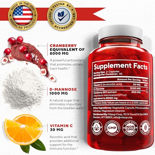 D-mannose 1000mg Capsules with Cranberry and Vitamin C - USA Made D-mannose with Cranberry Pills for Women - Cranberry Supplement for Urinary Tract & Bladder, Immune Support - 90 Count