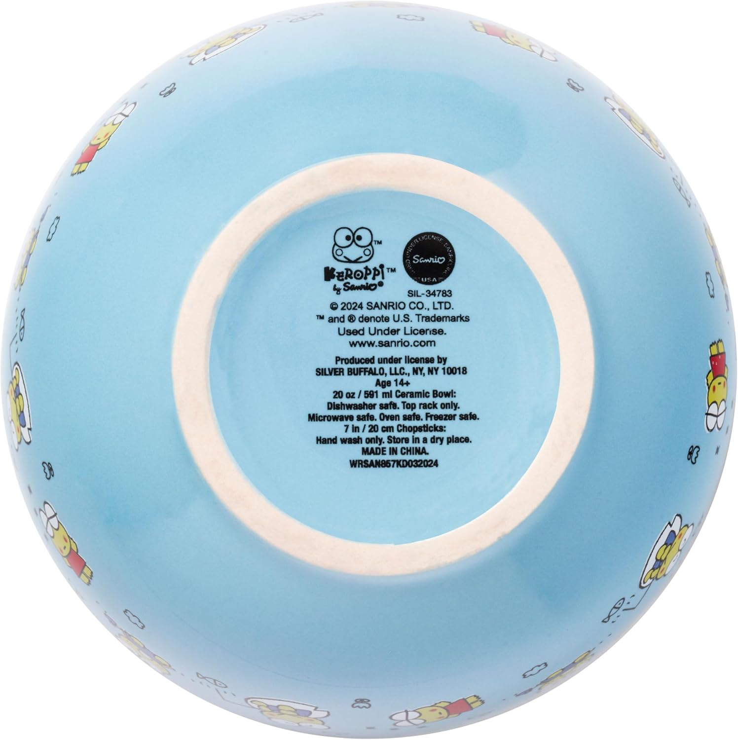 Silver Buffalo Sanrio Hello Kitty and Friends Keroppi Fishing and Doodling Ceramic Ramen Noodle Rice Bowl with Chopsticks, Microwave Safe, 20 Ounces