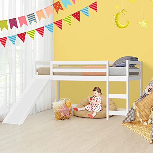 KOTEK Twin Loft Bed with Slide, Kids Low Loft Bed with Ladder & Slide, Wooden Single Bed Loft Bed w/Slats & Safety Guard Rail for Children (Espresso)