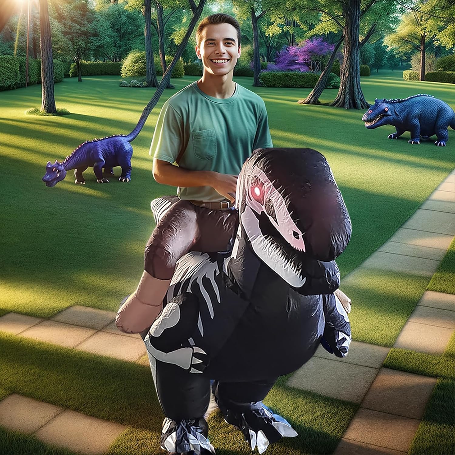 Halloween Inflatable Dinosaur Costume Skeleton Outfit Cosplay Ride On T Rex Air Blow Up Costume for Scary Indoor Outdoor Party Parks Zoo Club Festivals Funny Halloween Gifts for Men/Women/Adults