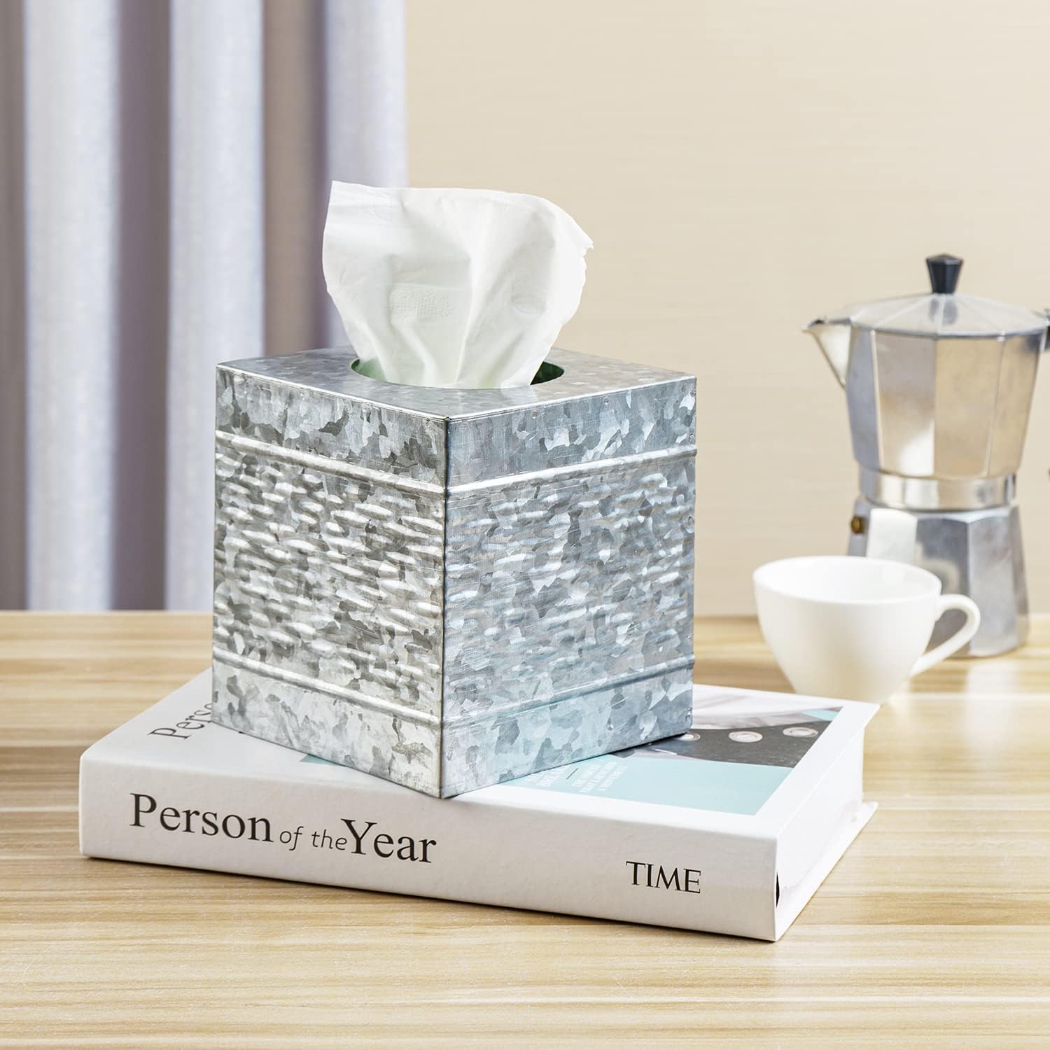 MyGift Rustic Handcrafted Galvanized Metal Tissue Box Cover Holder, Bathroom Square Facial Tissue Holder with Wave Embossed Pattern - Made in India