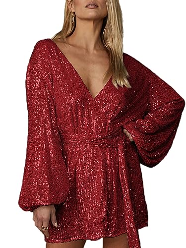Ababalaya Sparkly Sequin Mini Wrap Dress for Women V-Neck Long Puff Sleeve Glitter Clubwear Party Outfits Wrap Around Dresses