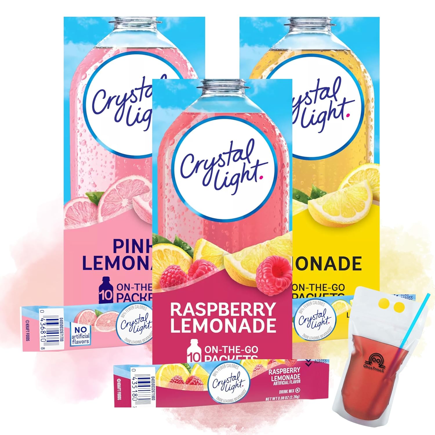 Crystal Light Lemonade mix Variety pack - 30 sticks Crystal light packets, 3 Flavors Lemonade Powder drink mix Packets (Raspberry-Lemonade, Pink-Lemonade and Original Lemonade) with drink pouch and straw by GhosTriseS
