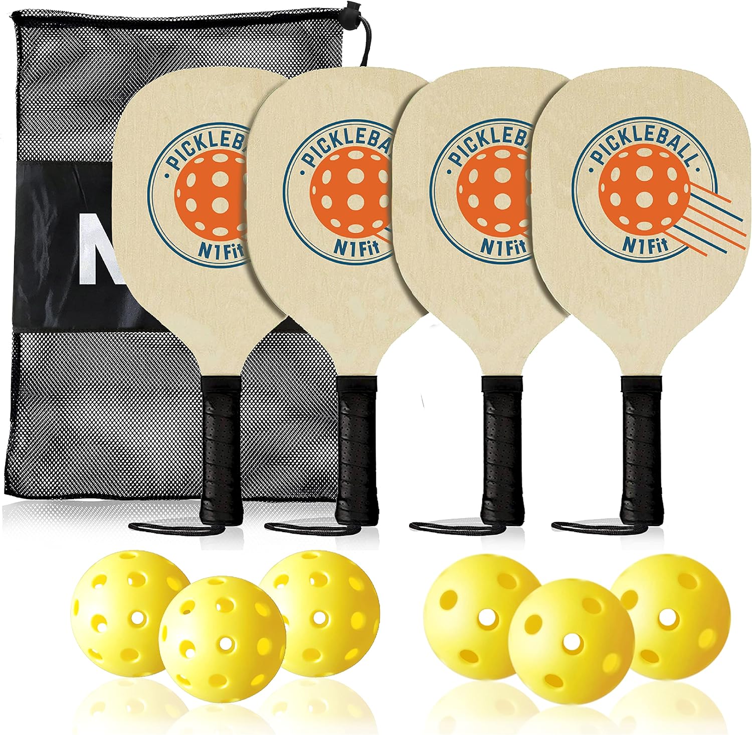 Wood Pickleball Paddle 4 Pack, Wooden Pickleball Paddles, Pickleball Set with 1 Carry Bag and 6 Balls, 7-ply Basswood, Pickle Ball Raquette Set with Ergonomic Cushion Grip, Pickleball Rackets