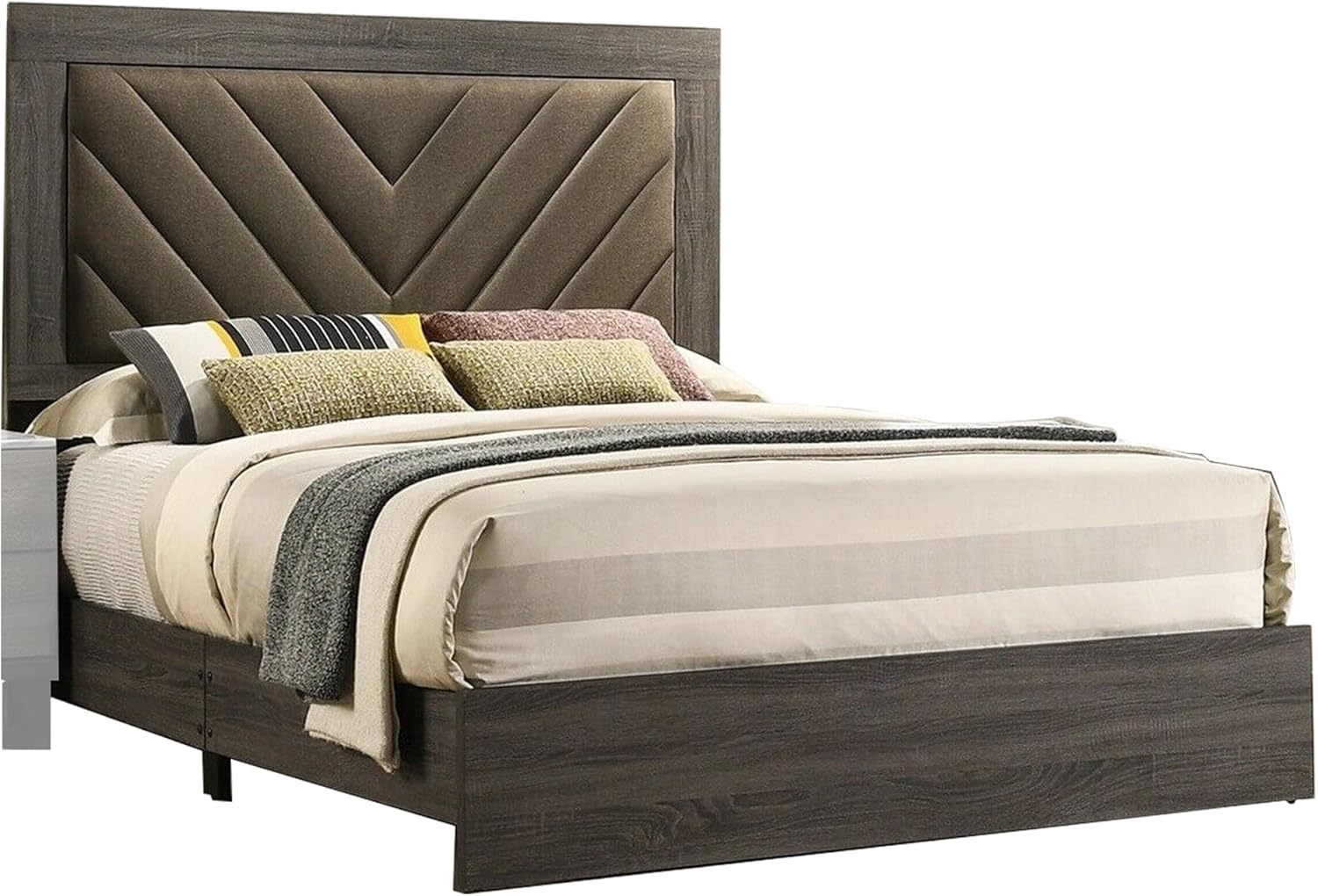 Benjara BM301356 Cato Upholstered Bed with Chevron Tufted Headboard Dark Gray & Brown - Queen Size