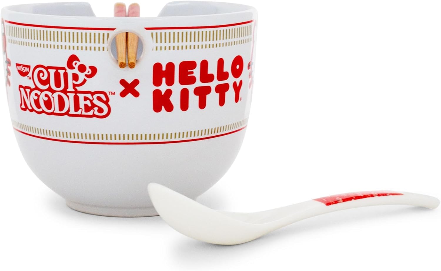 Silver Buffalo Sanrio Hello Kitty x Nissin 20-Ounce Ramen Bowl With Chopsticks and Spoon