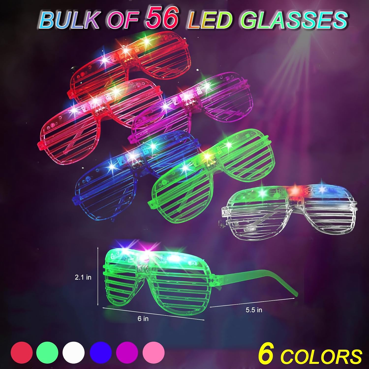 56 Pack LED Glasses 6 Colors Light Up Party Glasses Neon Flashing Sunglasses Shutter Shades Glow In The Dark Party Supplies Kids/Adults for Birthday Carnival