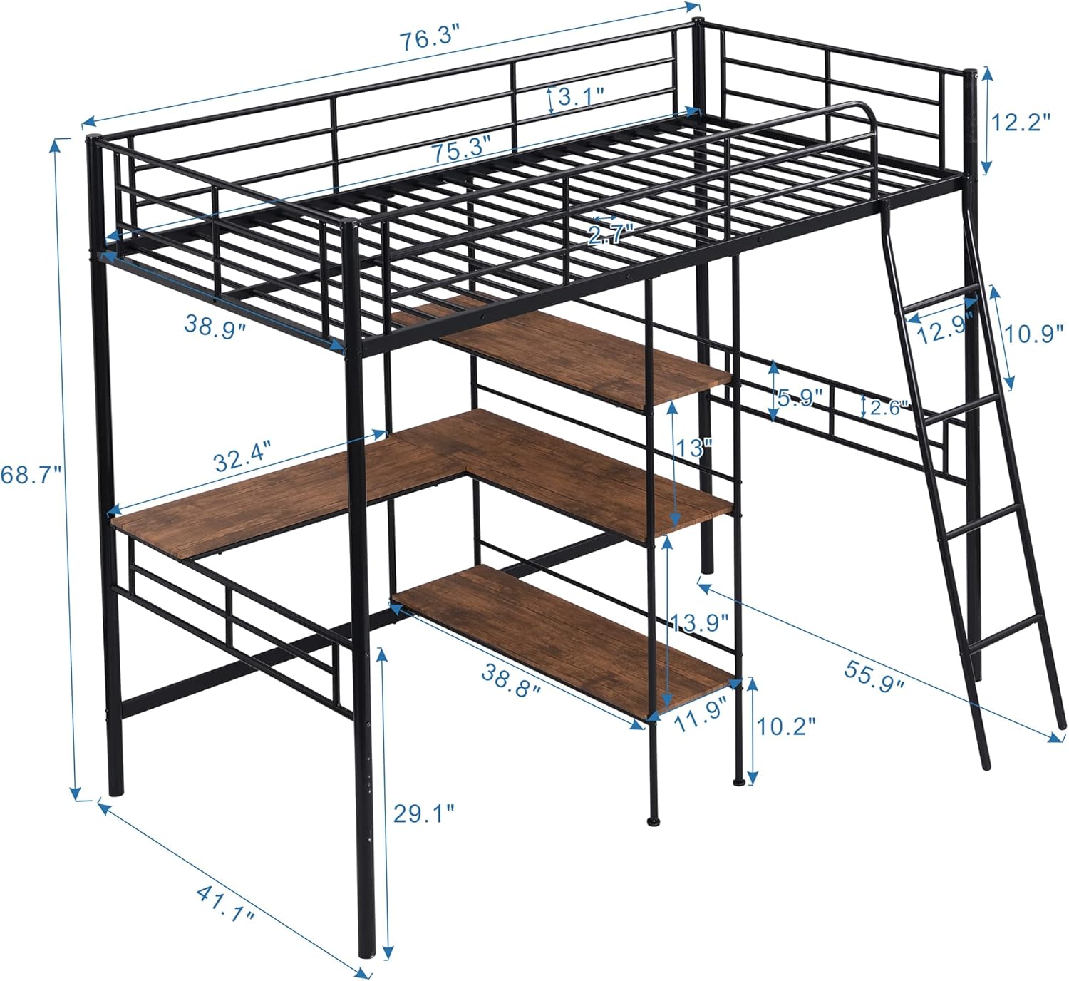 Merax Twin Size Metal Loft Bed with Built-in Desk, 3-Tier Shelves and Full-Length Guardrail, No Spring Box Needed, Black