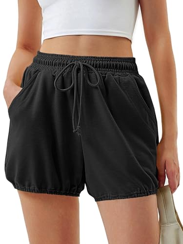 Fisoew Womens High Waisted Running Shorts Bubble Drawstring Workout Athletic Casual Shorts