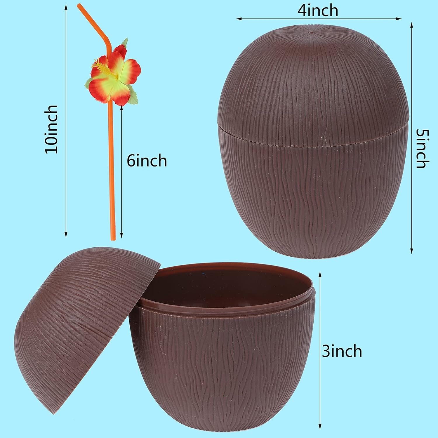 6 Pack Plastic Coconut Cup for Hawaiian Luau Party with Hibiscus Flower Straws, Fun Coconut Cups Drink Decoration for Themed Birthday Party