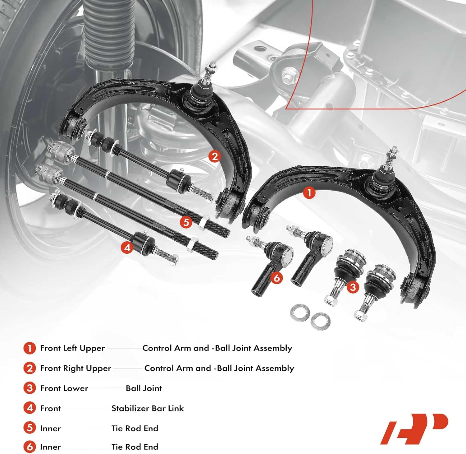 A-Premium Set of 10, Front Upper Control Arm, Sway Bar Link, Lower Ball Joint, Inner Outer Tie Rod End, Compatible with Dodge Ram 1500 2006 2007 2008, 4WD Only