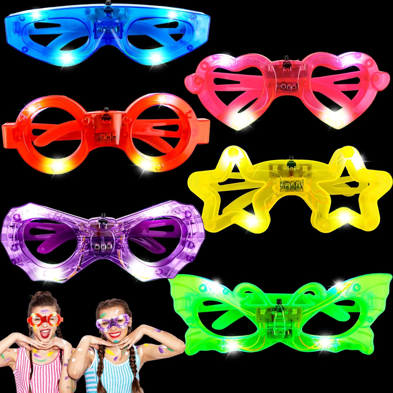 30 Pack LED Light Up Glasses Neon Colors Glow in The Dark Glasses Glow Glasses Bulk for Kids Birthday Gift Party Supplies Favor, 6 Styles