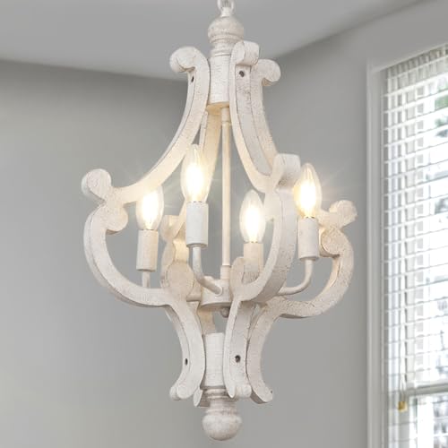 Farmhouse Chandelier, 4-Light Antique White Wood Pendant Light, Vintage French Country Rustic Chandelier, Farmhouse Light Fixtures for Bedroom Kitchen Entryway Dining Room Hallway