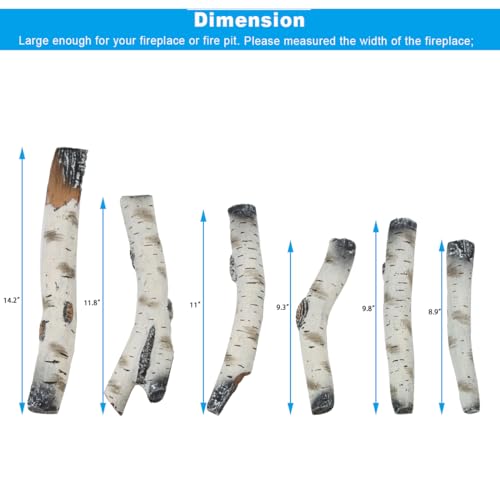 Gas Fireplace Log Set Ceramic White Birch for Indoor Insert, Vented, Propane, Electric Gas Fireplace, Linear Fire Pits Ceramic Fiber, Fireplace Decor Large Birch Logs for Smoke Hollow Grill, 6PCS