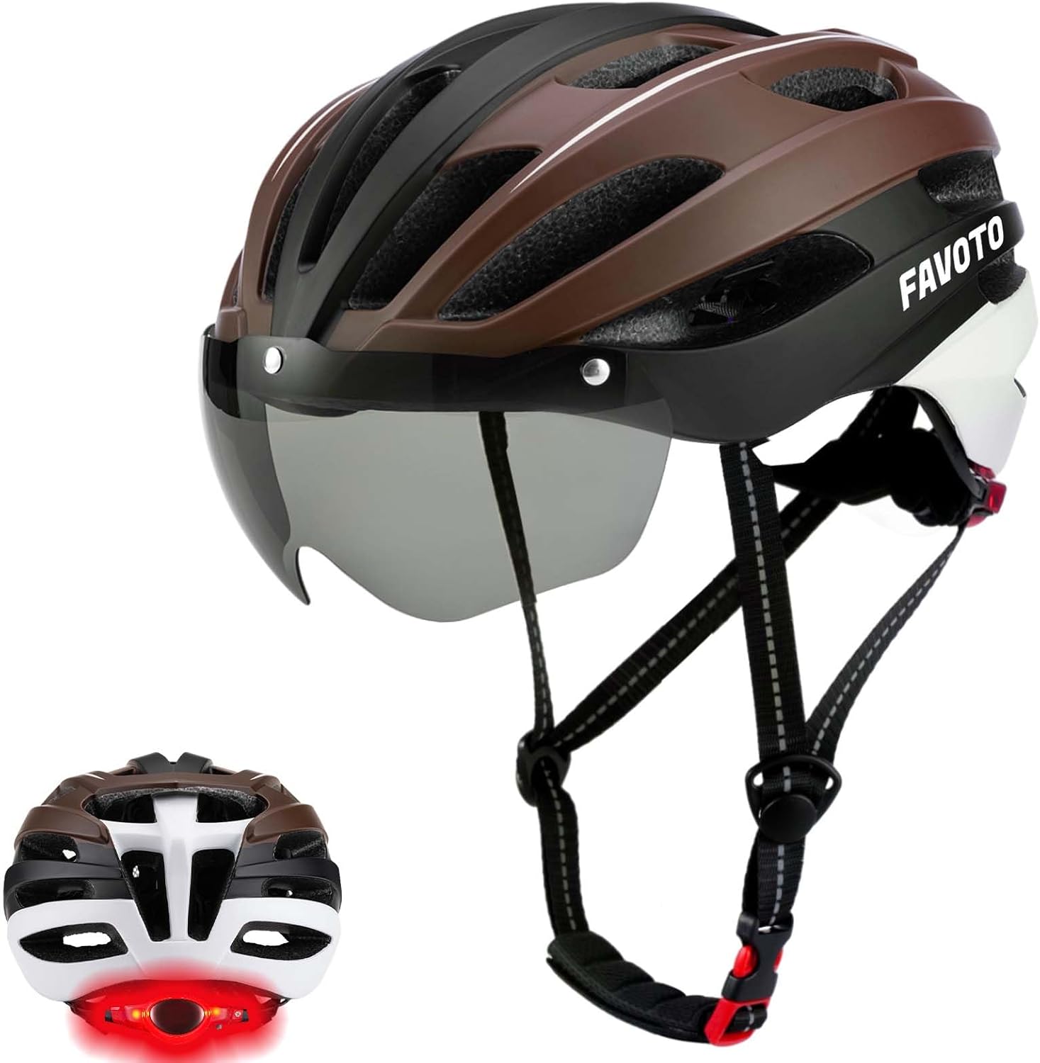 Favoto Bike Helmet with Light - Bicycle Helmet with Removable Magnetic Goggles and USB Rechargeable Taillight Mountain and Road Cycling Helmets for Men and Women