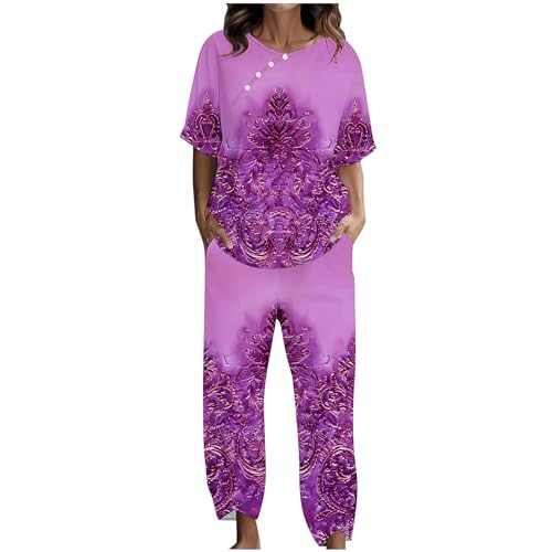 Feancey Summer 2 Piece Outfits For Women Linen Short Sleeve Tops Loose Casual Pants Trendy Floral Print Lounge Two Piece Sets