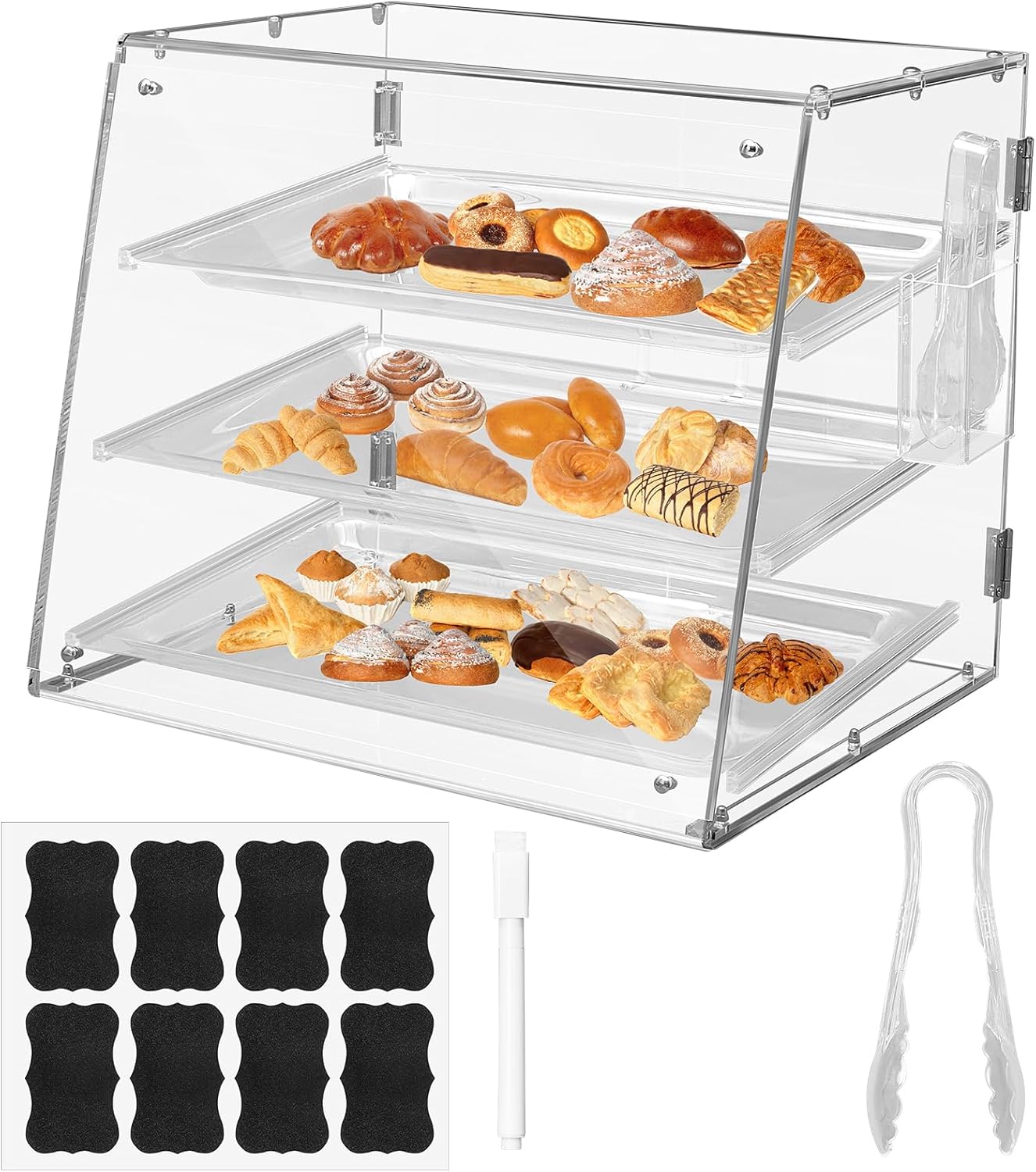 Jinei 3 Tier Tray Acrylic Display Case Bakery Pastry Display Case with Front Rear Door Retail Display Counter Cases Clear Display Case with Serving Tong for Bread, Donut, Cookie 21'' x 18'' x 16.5''