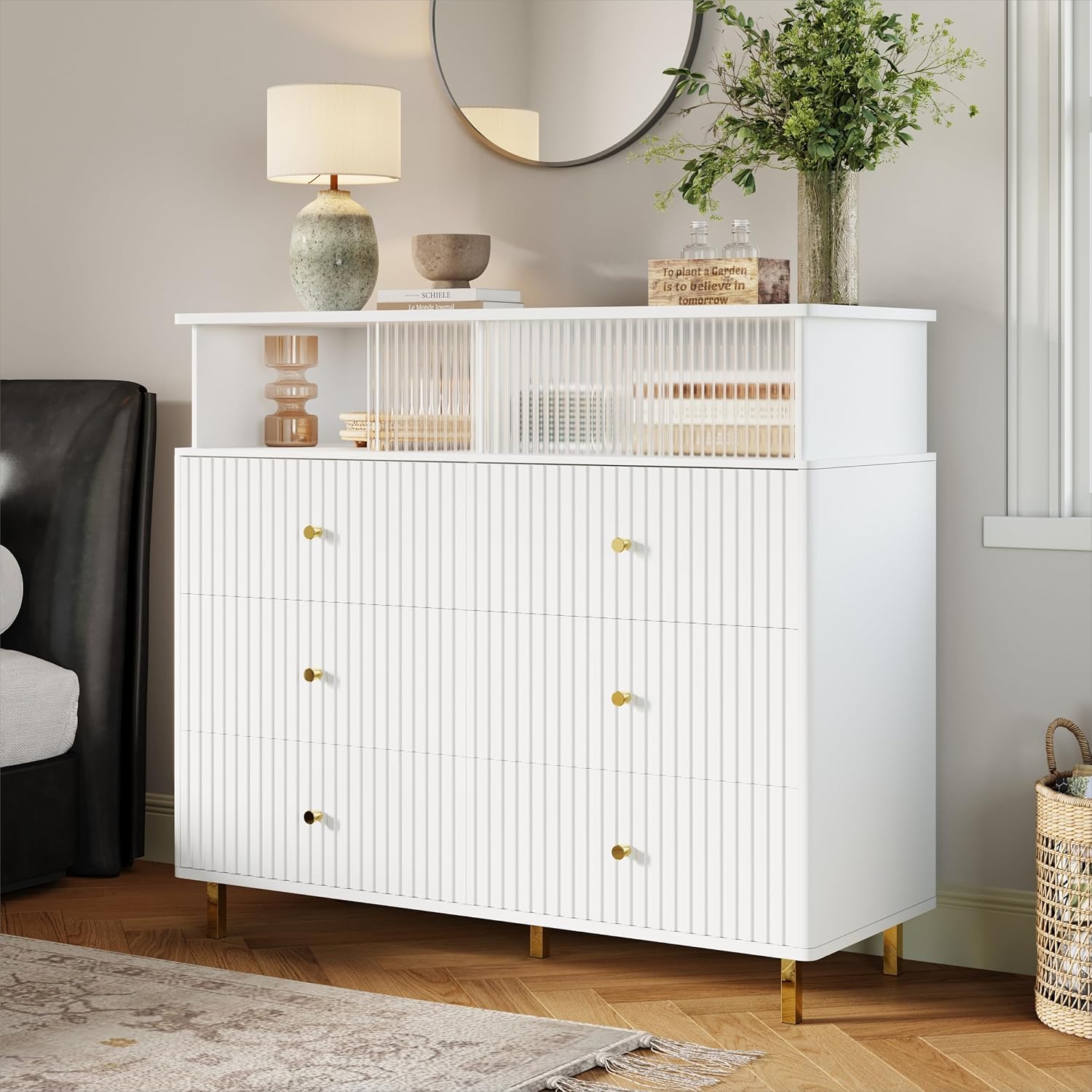 ChooChoo 6 Drawer Dresser with LED Lights, Modern White and Gold Dresser with Large Capacity, Chests of Drawers with Acrylic ＆ Stripe Design for Bedroom, Hallway, Entryway