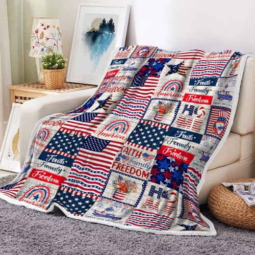 American Flag Independence Day Patriotic Blanket The USA Flag Patchwork Blanket Warm Comfor table Soft Red White Blue Gnome Blanket July 4Th Independence Day All Season 50