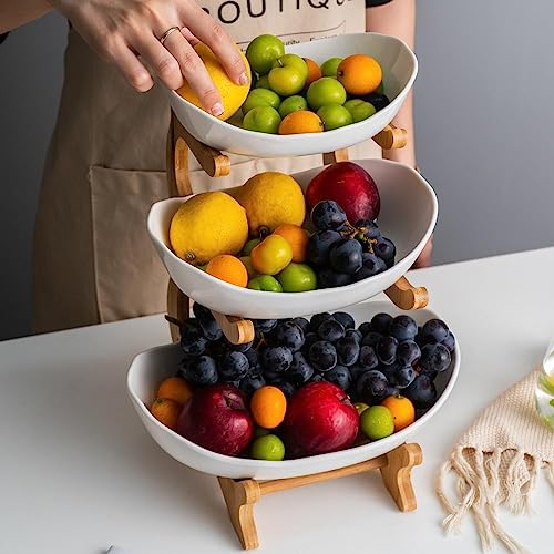3 Tier Fruit Basket Ceramic Fruit Bowl Vegetable Storage with Bamboo Wood Porcelain Fruit Stand Storage Holder for Kitchen Counter Large Capacity Fruit Holder for Bread, Snack (White)