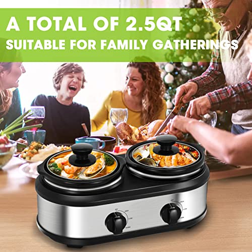 Triple Slow Cooker, 3 X 1.5QT Mini Individual Pots with Adjustable Temp, Dishwasher Safe, Portable Buffet Server and Warmer, Safe Ceramic Pots & Glass Lid, Stainless Steel